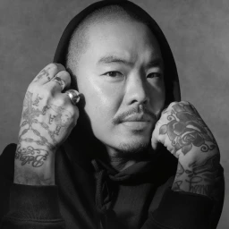 Portrait of an East Asian man in a dark hoodie with heavily tattooed arms and silver rings by Mark Seliger