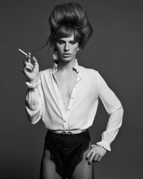 Portrait of a person with large teased beehive hair wearing a ruffled white shirt and holding a cigarette, shot by Mark Seliger.