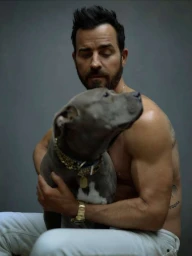 Portrait of Justin Theroux shirtless holding a gray pitbull dog against a neutral gray background in New York.