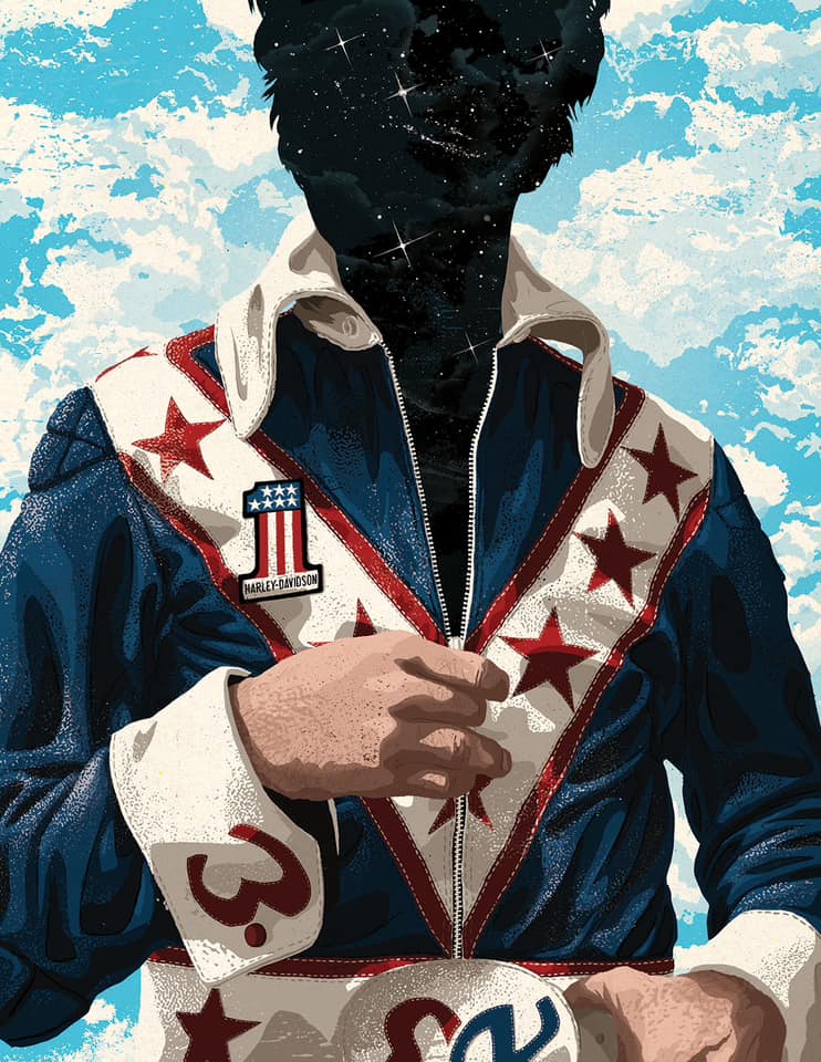 Artwork features a person with a galaxy-filled head wearing a retro Americana-style jacket, incorporating stars, stripes, and Harley-Davidson logo.