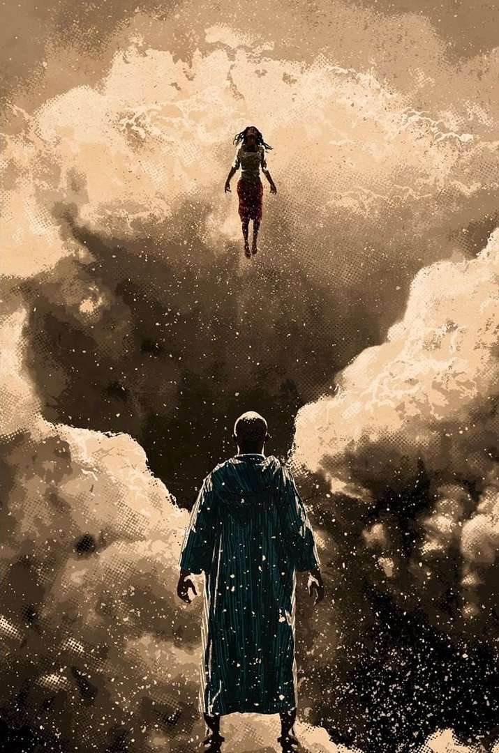 Illustration showing an adult male looking up at an adult female who is floating in the clouds against a beige colored background.