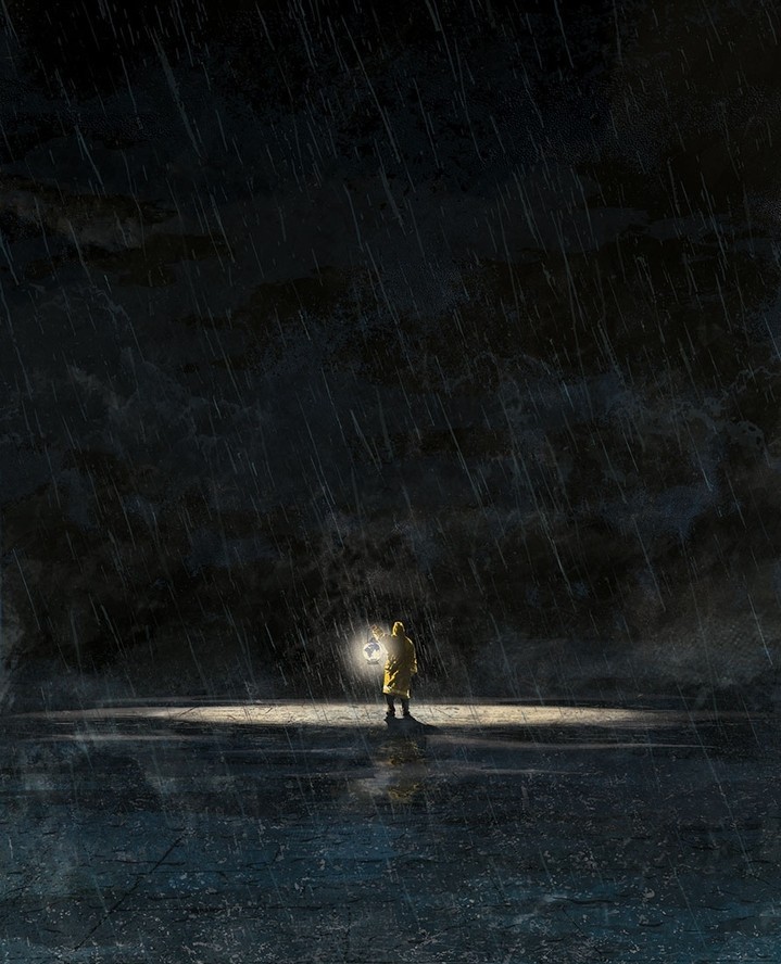 Person in yellow raincoat holds glowing lantern in a dark, rainy environment with clouds and reflections on the ground.