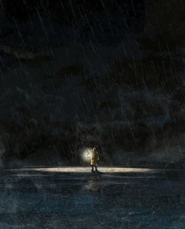 Person in yellow raincoat holds glowing lantern in a dark, rainy environment with clouds and reflections on the ground.