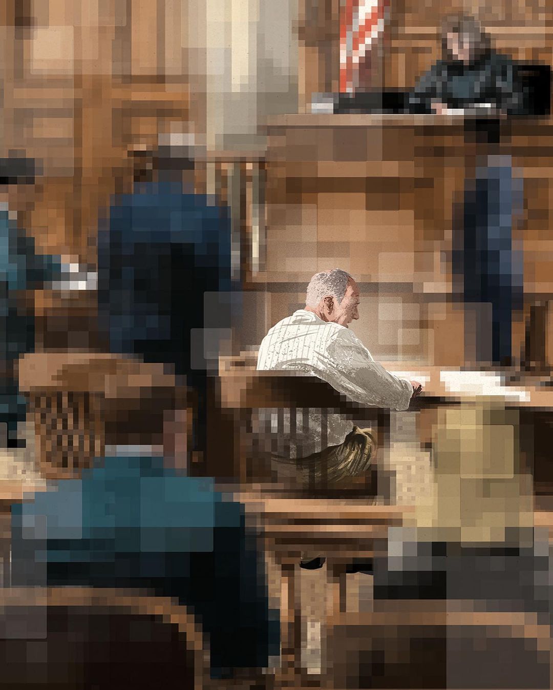 Several people are sitting inside a courtroom. A judge presides over the proceedings. There is an American flag visible in the background.