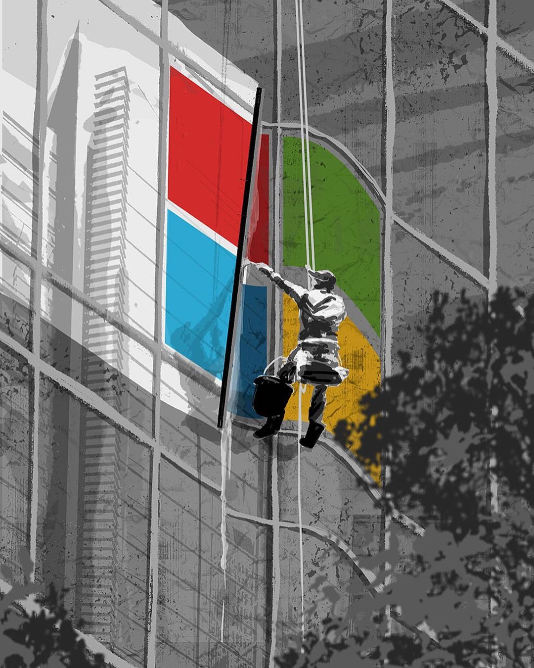 Illustration of a window cleaner on a modern high-rise building with colorful abstract windows, showcasing urban maintenance.