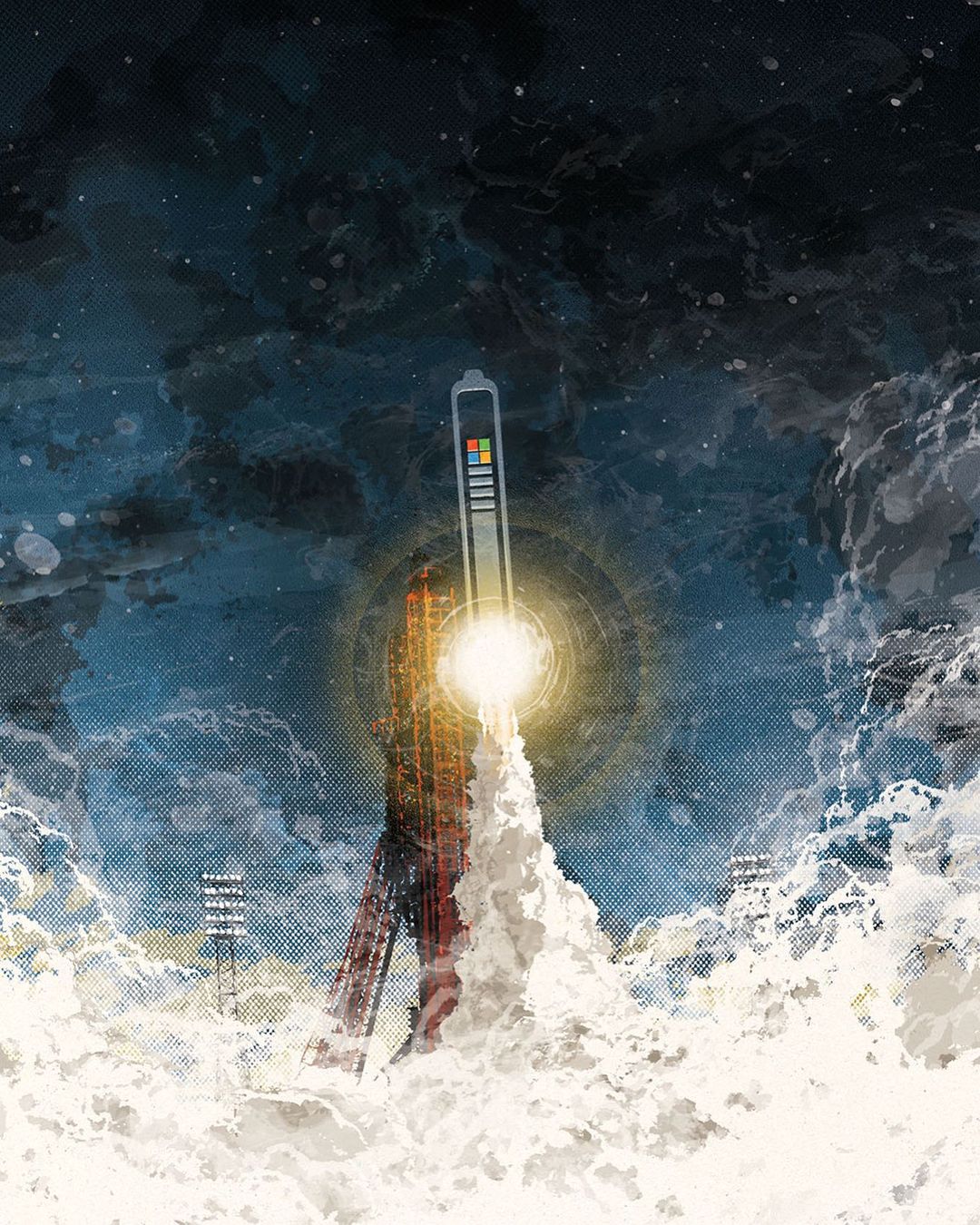 Stylized digital illustration featuring a battery-shaped rocket launching on a stylized pad against a dark blue space background with smoke.