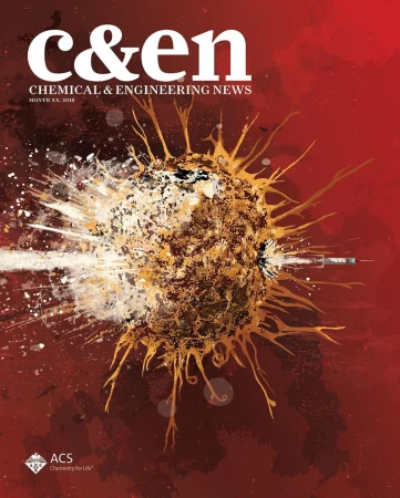 Chemical & Engineering News cover with abstract scientific illustration of a cell-like object and syringe against a red background.