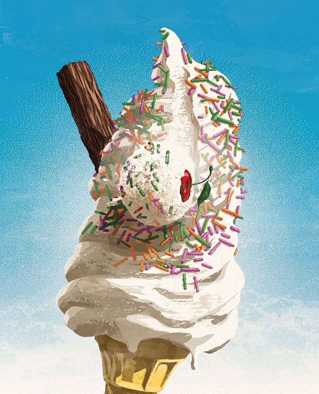 Whimsical illustration of a swirled soft serve ice cream cone with sprinkles, a chocolate stick, and a cherry against a blue sky.