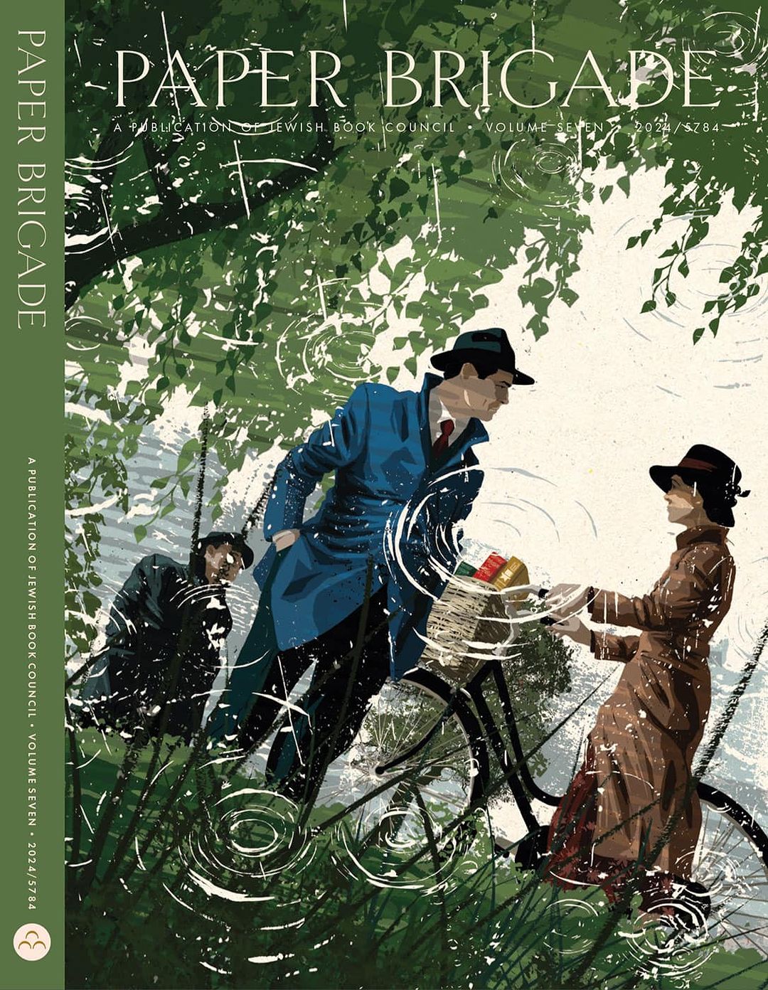 Illustration of two people on a bicycle with a basket in rainy conditions, with a figure walking behind them in an outdoor scene.