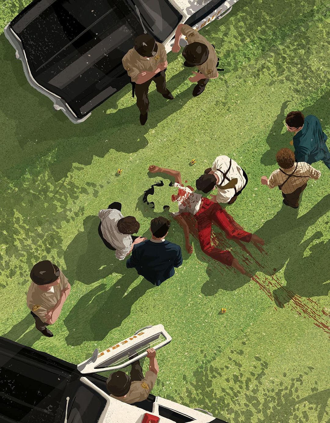 Illustration of police officers surrounding a deceased individual lying on the grass in broad daylight. Police cars are parked nearby.