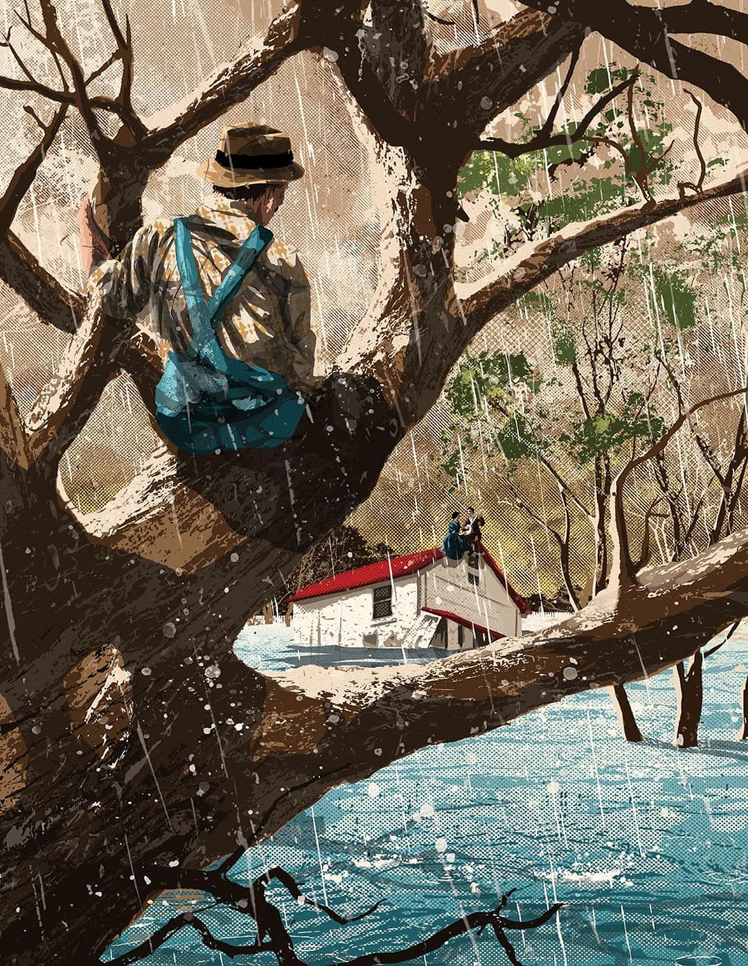 Illustration of a man in a tree looking at a flooded house with people on the roof during a rainstorm with floodwater.