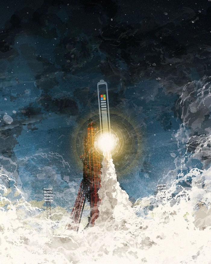 Digital illustration of a rocket launching amidst clouds of smoke and a dark textured sky by Mark Smith