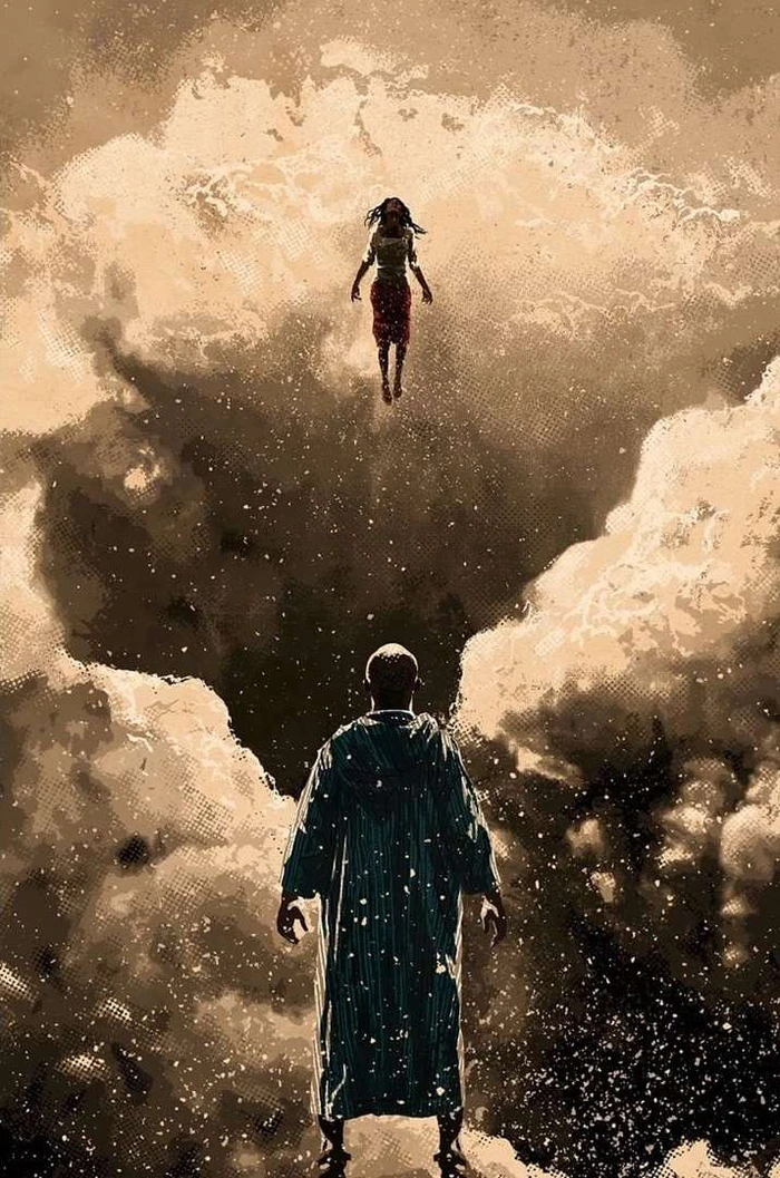 Illustration by Mark Smith showing a figure floating in the sky above a person wearing a dark hooded robe amidst cloudy skies