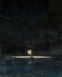 A lone figure in a yellow raincoat holding a lantern stands in heavy rain under dark stormy skies, illustrated by Mark Smith.