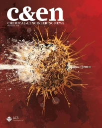 Magazine cover illustration featuring a microscopic cell-like sphere exploding against a textured dark red background