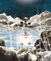 Illustration of a person carrying baskets on a yoke across snowy mountains reflecting in water under a starry night sky.