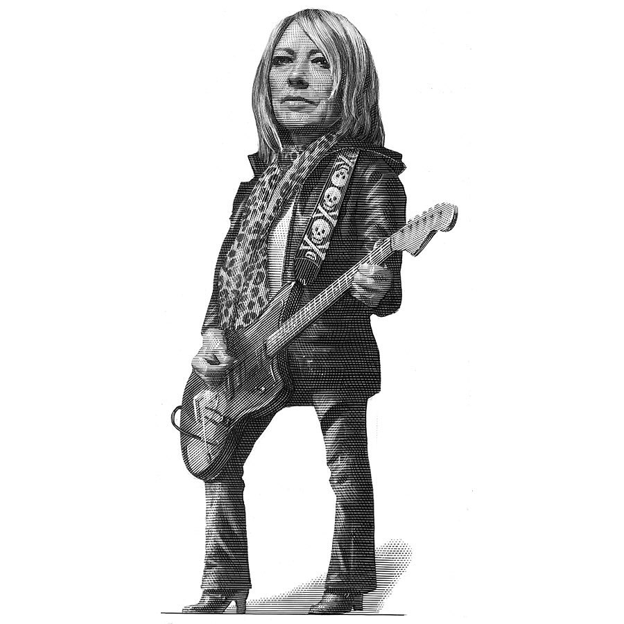 Illustration of a woman playing an electric guitar, rendered in a monochrome, engraved style, set against a plain white background.