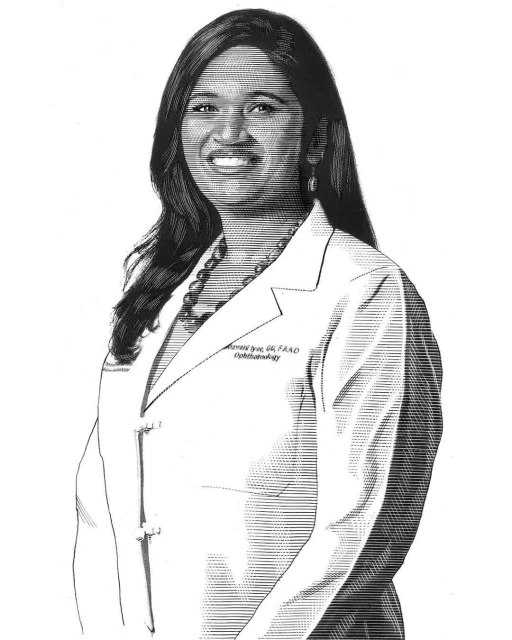 Illustration of an adult female wearing a white lab coat and a necklace, smiling, in a black and white rendering with fine lines.