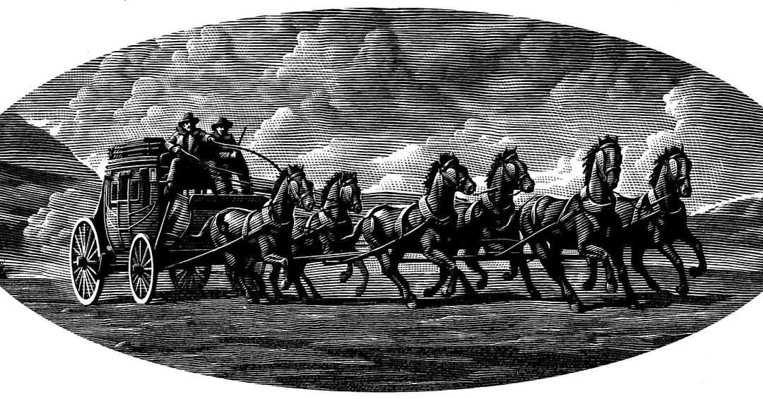 Illustration of a stagecoach pulled by six horses, carrying two people, set against a landscape of mountains and sky, done in black and white.