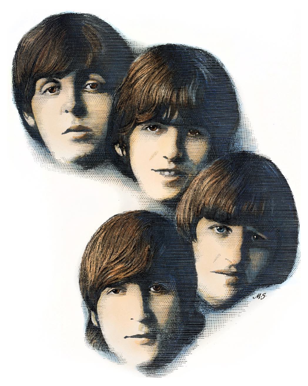 Illustration of four young men's faces with moptop haircuts, side-by-side, in a vintage style with a grainy texture on a white background.