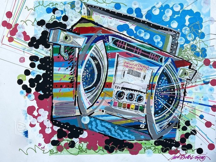 Colourful painting of a boombox with abstract designs, splashes of colour, stripes and stars on a white background.