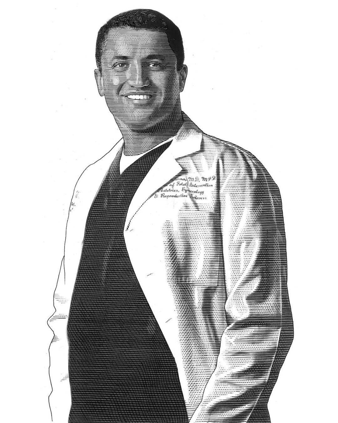 Monochrome illustration of a smiling adult male in a medical lab coat, standing indoors with white background, medical professional.