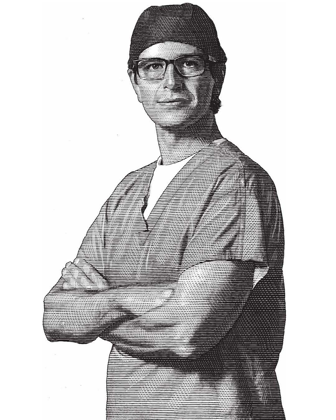 Illustration of a healthcare professional in surgical scrubs and cap, standing with arms crossed against a white background.