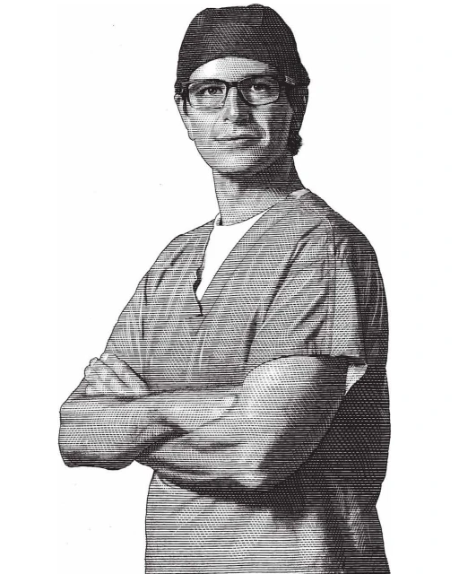 Illustration of a healthcare professional in surgical scrubs and cap, standing with arms crossed against a white background.