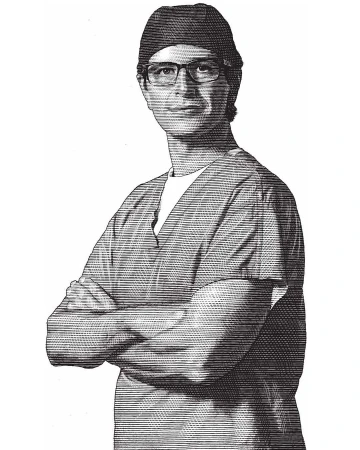Illustration of a healthcare professional in surgical scrubs and cap, standing with arms crossed against a white background.