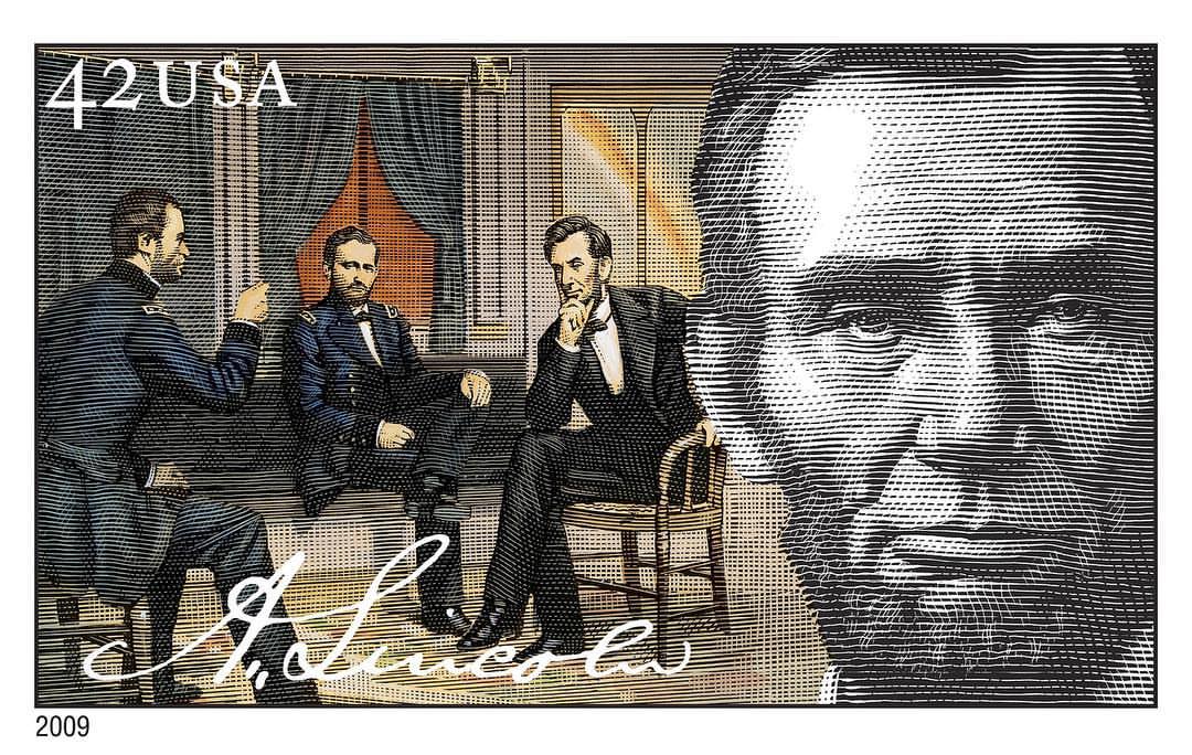 Illustration of Abraham Lincoln and military leaders in a drawing reminiscent of a vintage postage stamp with warm color grading.