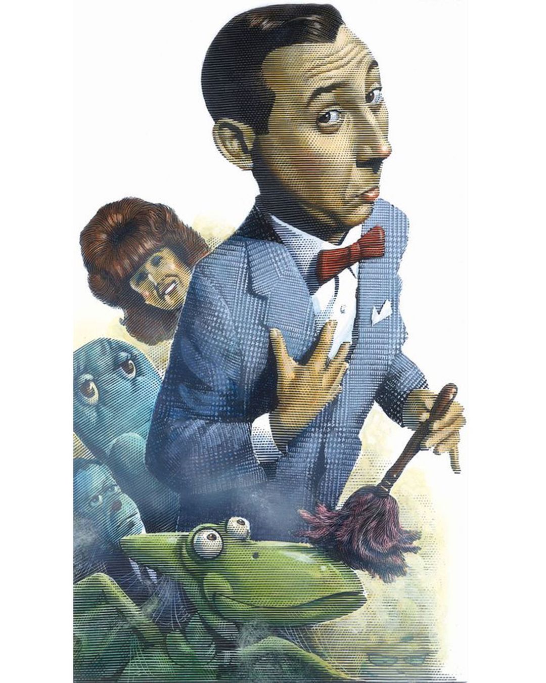 Illustration of a man in a suit holding a mop, with a frog, a woman, and other characters in the background, art style.