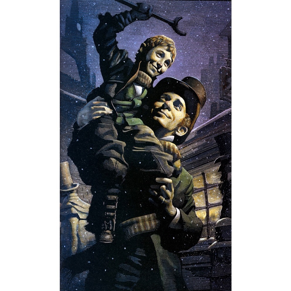 Illustration of a smiling adult man in a top hat carrying a smiling child on his shoulders in a snowy urban setting at night.