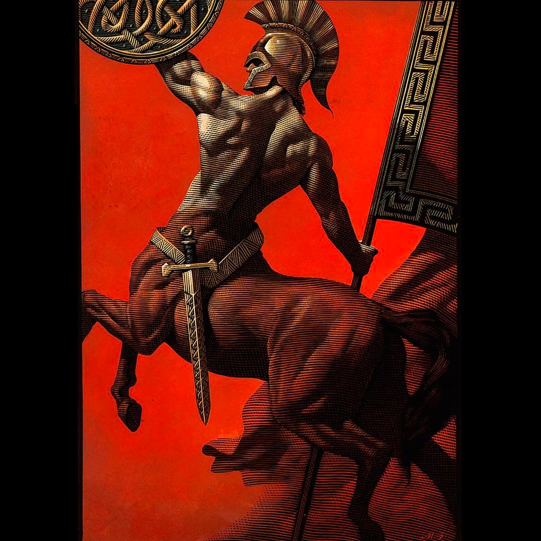 Illustration of a centaur warrior wearing a helmet, holding a shield and flag, and wielding a sword against a red background.