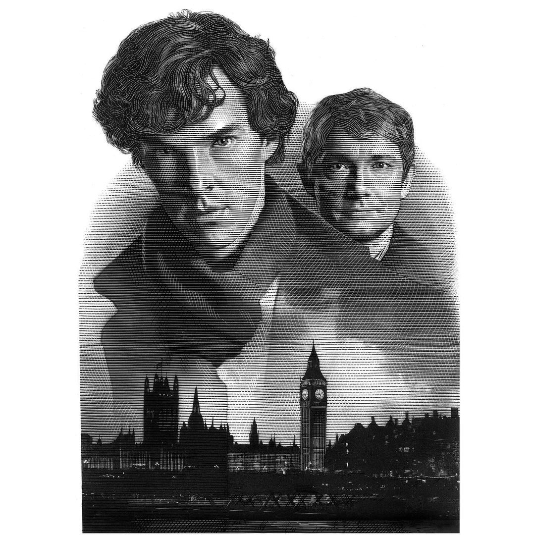 Illustration featuring two adult men, with buildings and the Big Ben clock tower in the background, rendered in black and white with a hatched effect.