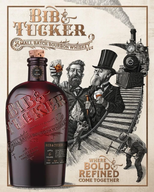 Illustration of Bib & Tucker bourbon whiskey bottle with train and figures, vintage style alcohol advertisement for bar or restaurant.