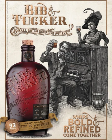 Bib & Tucker bourbon whiskey advertisement featuring a dark red bottle, vintage-style illustrations, and text on a light brown background.