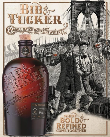 Vintage-style advertisement for Bib & Tucker bourbon whiskey, featuring a bottle, period-dressed people, an illustration, and the Brooklyn Bridge.
