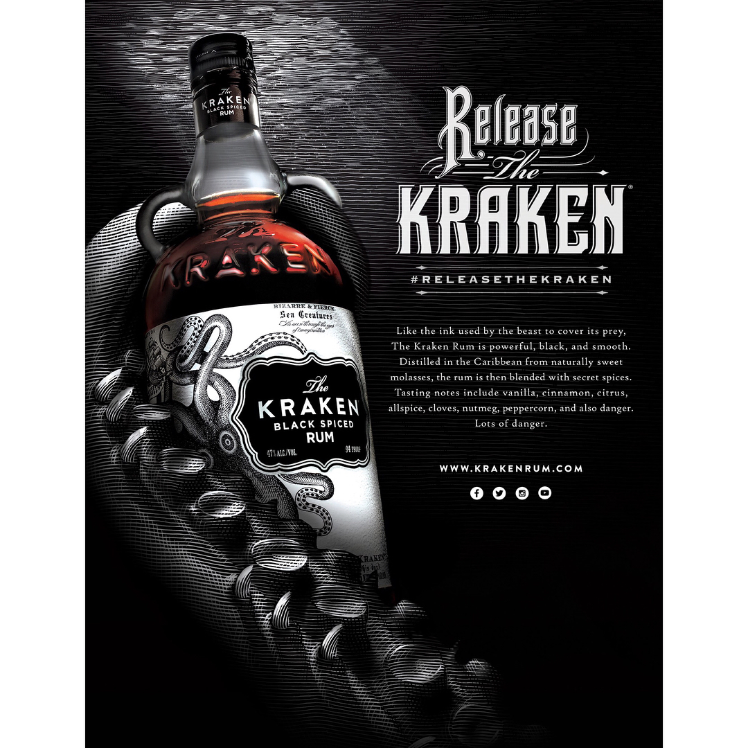 Kraken Black Spiced Rum bottle in a shadowy hand, dark and moody advertisement with prominent brand logo and product details.