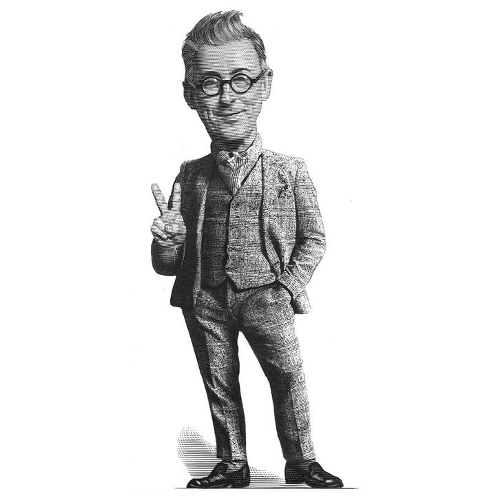 Illustration of an adult man with eyeglasses in a suit, giving the peace sign on a white background. Full-length figure.