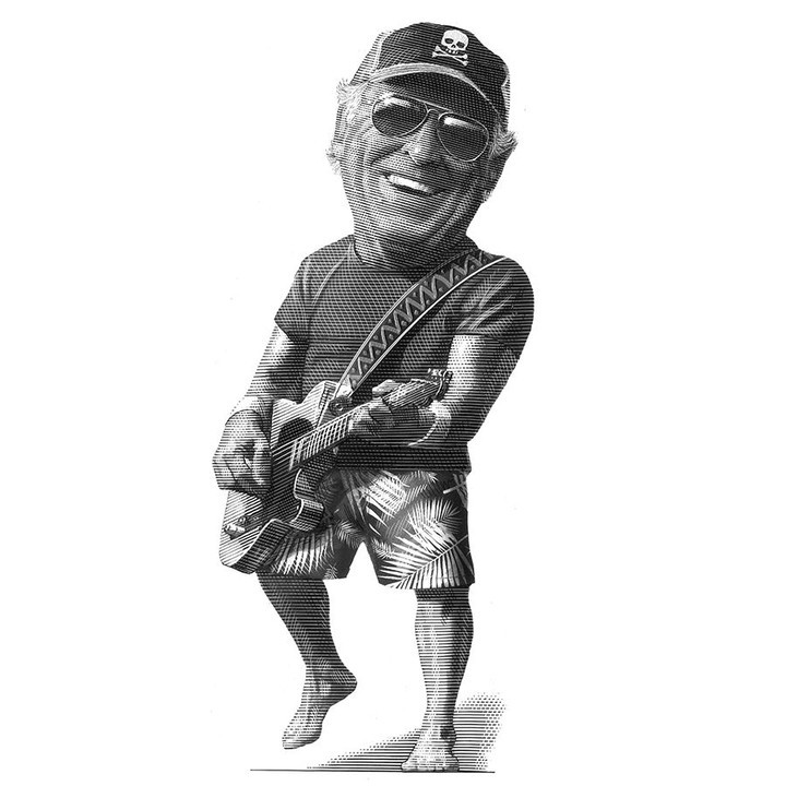 Illustration of adult man playing guitar, wearing cap with skull design, t-shirt, and tropical shorts in a white background.