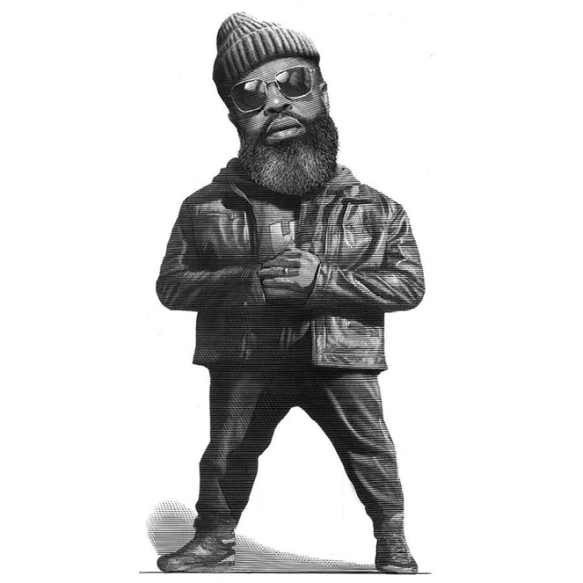 Illustration of a bearded African-American man wearing a jacket, beanie, and sunglasses against a white background in black and white.