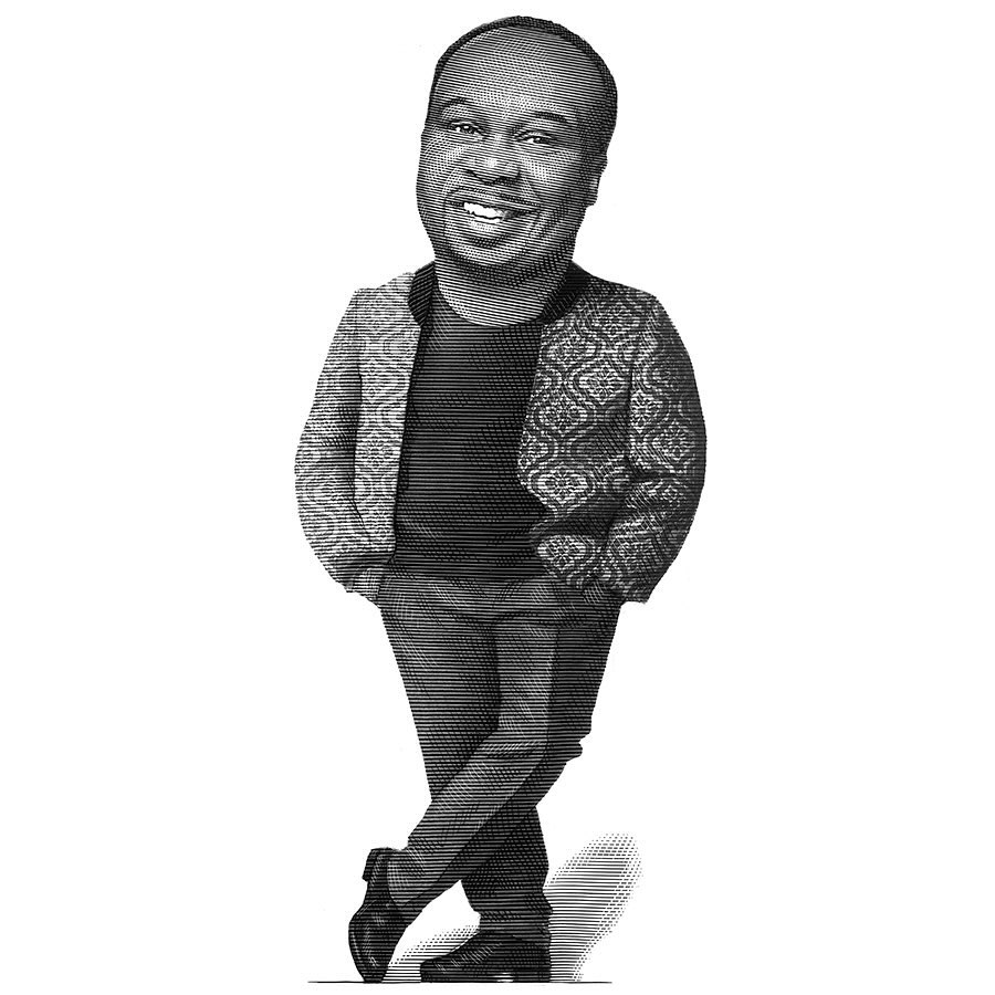 Monochrome image of an African-American man with a caricature-style appearance, wearing patterned blazer, with a full-body pose and smiling expression.