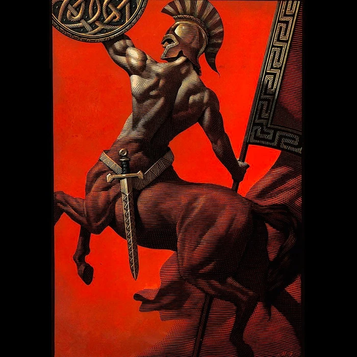 Detailed scratchboard illustration of a muscular centaur warrior holding a decorated shield and banner against a red background.