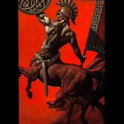 Detailed scratchboard illustration of a muscular centaur warrior holding a decorated shield and banner against a red background.