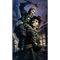 Illustration by Mark Summers of a smiling man holding a child up on his shoulders in a snowy night setting.