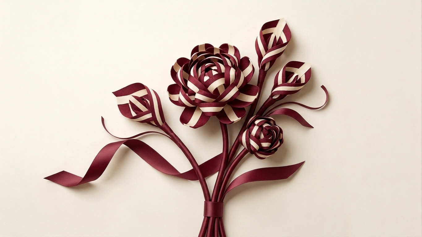 Stripped red and white flowers and buds arranged in a bouquet with red ribbon stems on a cream-colored surface, top-down view.