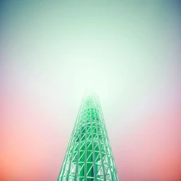 Low-angle view of a tall lattice tower stretching upward against a soft gradient sky in New York by Markus Wendler