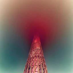Low angle view of a tall lattice tower structure reaching upward against a muted green and red gradient sky captured by Markus Wendler