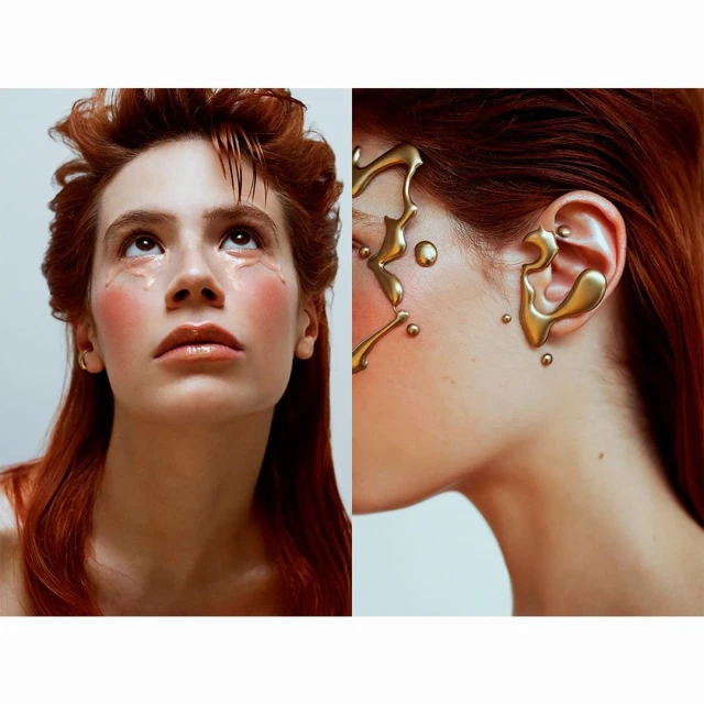 Portrait of a red-haired woman with gold ear makeup and clear tear-like makeup, split screen with a close-up of golden ear jewelry.