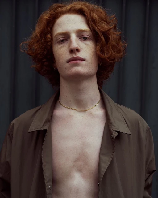 Portrait of a young adult male with red curly hair and freckles wearing an unbuttoned olive green shirt against a dark background.